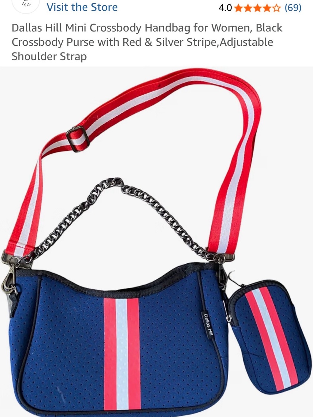 Dallas Hill Neoprene Navy Shoulder Bag with Red & White Stripe